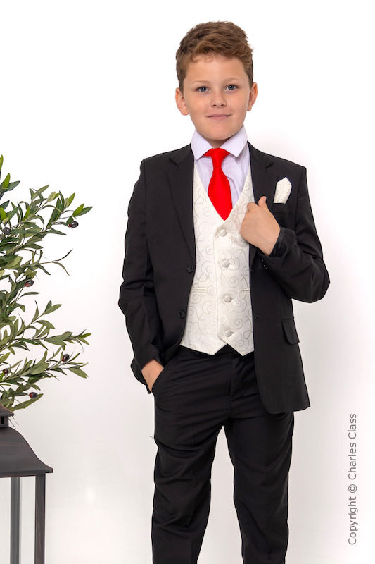 Boys Black & Ivory Suit with Red Tie - Roland